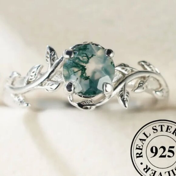 925 Moss Agate Stone and Sterling Silver ring - new in box - Size 10 - Picture 1 of 3